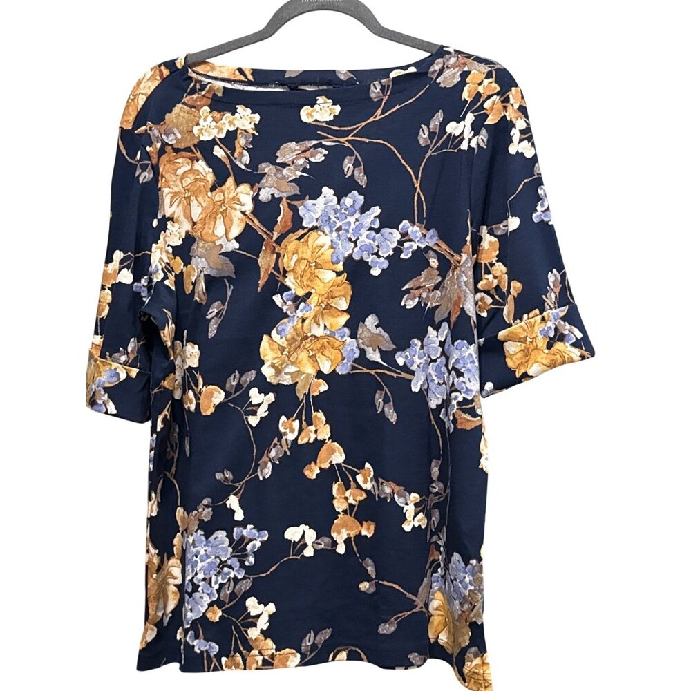 Lauren Ralph Lauren Navy Floral Print Womens Top 1X Short Sleeve Cotton-Blend